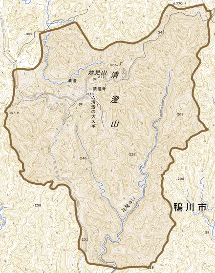 清澄とその周辺の地図。町の範囲を重ねている