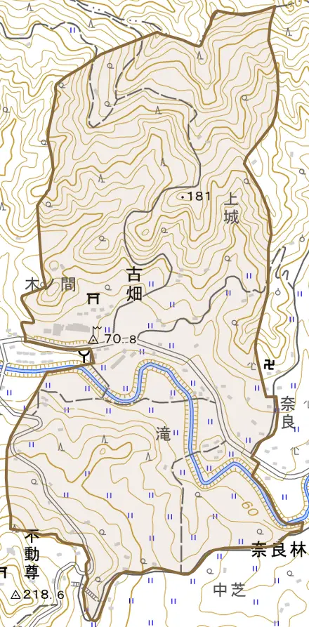 古畑とその周辺の地図。町の範囲を重ねている