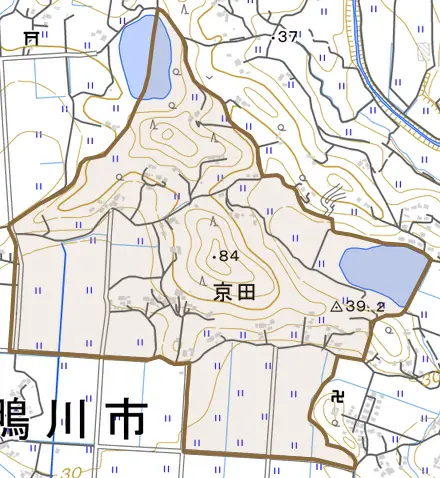 京田とその周辺の地図。町の範囲を重ねている
