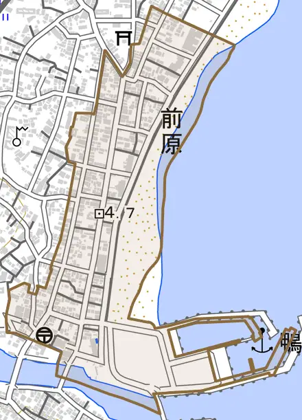 前原とその周辺の地図。町の範囲を重ねている