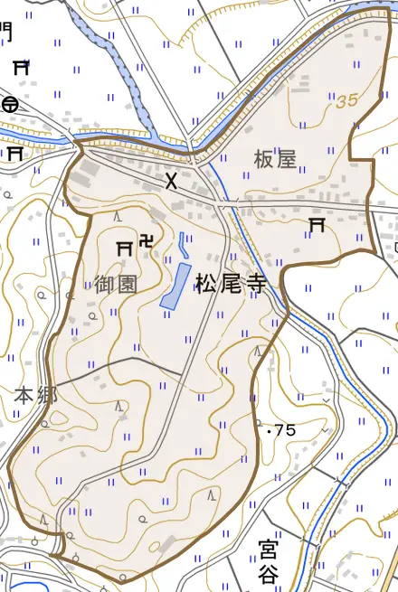 松尾寺とその周辺の地図。町の範囲を重ねている