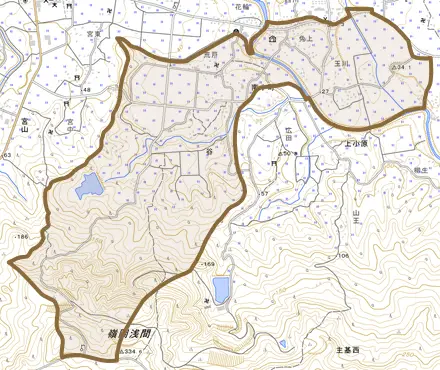 南小町とその周辺の地図。町の範囲を重ねている