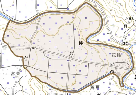 仲とその周辺の地図。町の範囲を重ねている