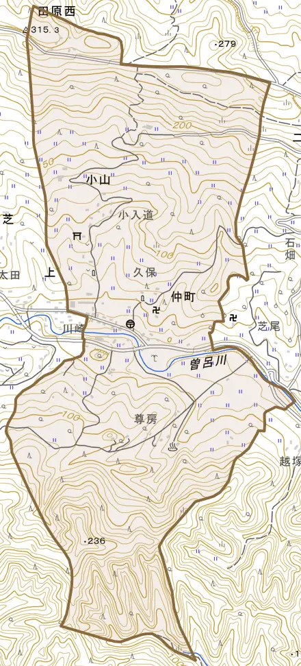 仲町とその周辺の地図。町の範囲を重ねている