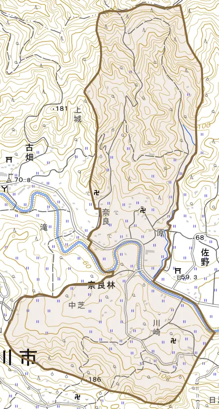 奈良林とその周辺の地図。町の範囲を重ねている