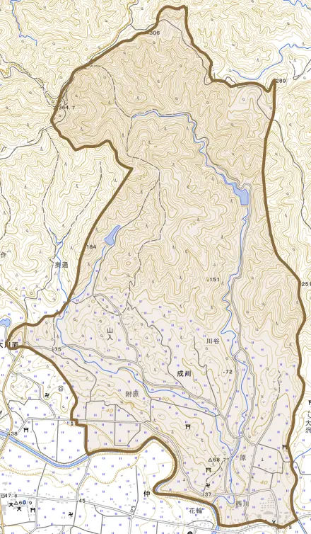 成川とその周辺の地図。町の範囲を重ねている