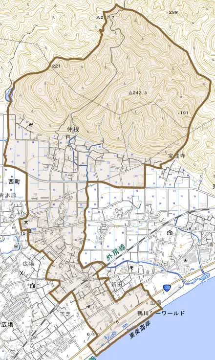 西町とその周辺の地図。町の範囲を重ねている