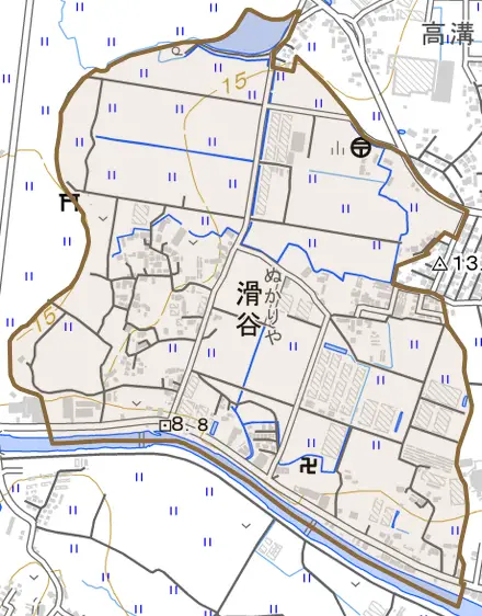 滑谷とその周辺の地図。町の範囲を重ねている