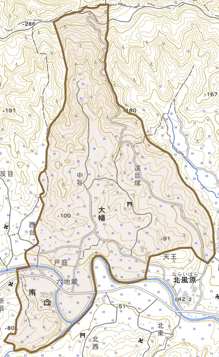 大幡とその周辺の地図。町の範囲を重ねている