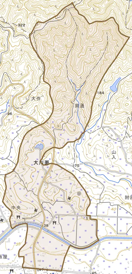 大川面とその周辺の地図。町の範囲を重ねている