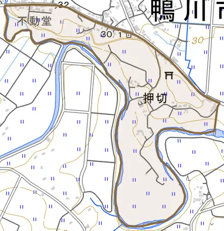 押切とその周辺の地図。町の範囲を重ねている
