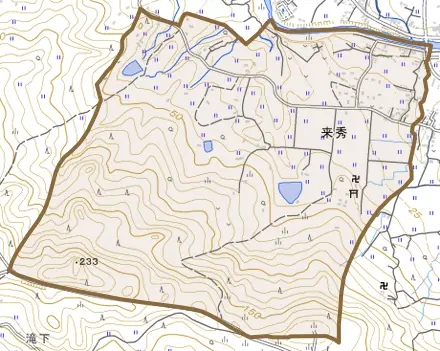 来秀とその周辺の地図。町の範囲を重ねている