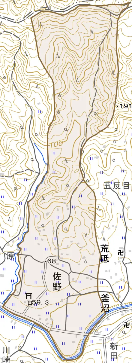 佐野とその周辺の地図。町の範囲を重ねている