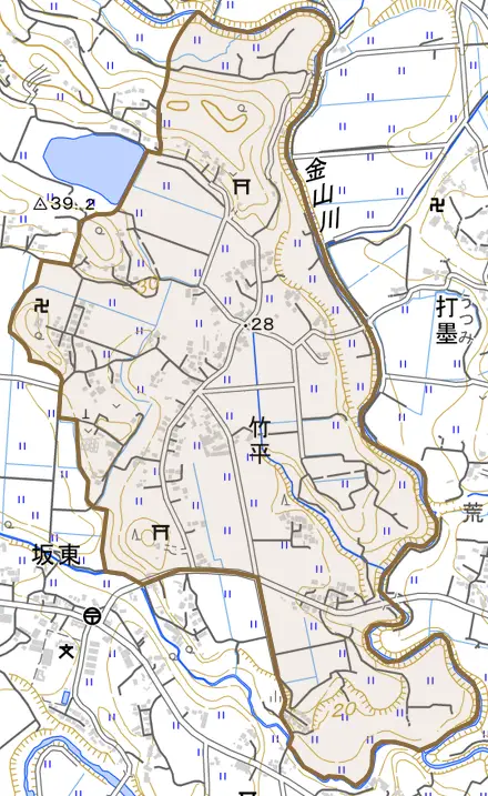 竹平とその周辺の地図。町の範囲を重ねている