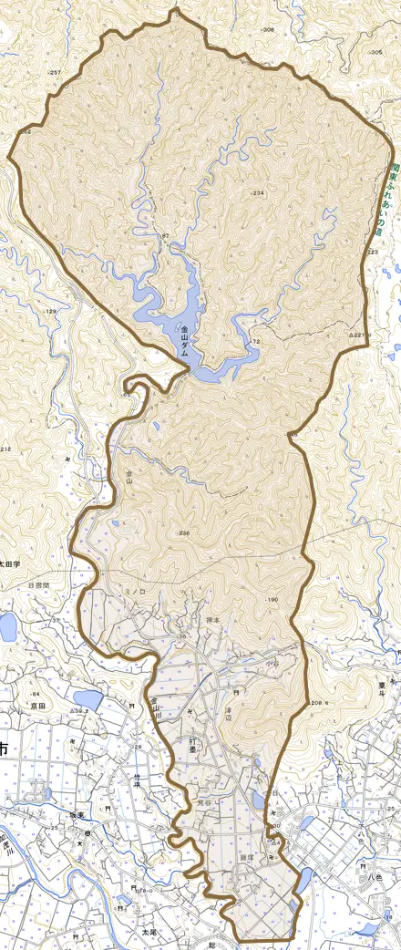 打墨とその周辺の地図。町の範囲を重ねている
