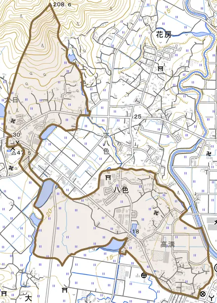 八色とその周辺の地図。町の範囲を重ねている
