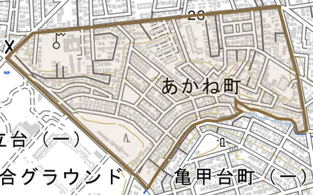 あかね町とその周辺の地図。町の範囲を重ねている