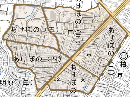あけぼのとその周辺の地図。町の範囲を重ねている