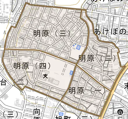 明原とその周辺の地図。町の範囲を重ねている