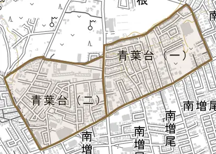 青葉台とその周辺の地図。町の範囲を重ねている