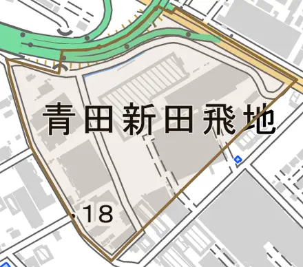 青田新田飛地とその周辺の地図。町の範囲を重ねている