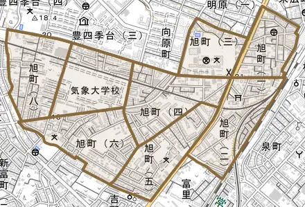 旭町とその周辺の地図。町の範囲を重ねている