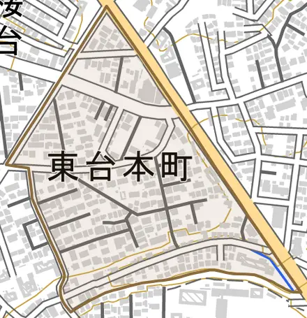 東台本町とその周辺の地図。町の範囲を重ねている