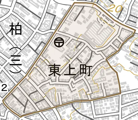 東上町とその周辺の地図。町の範囲を重ねている