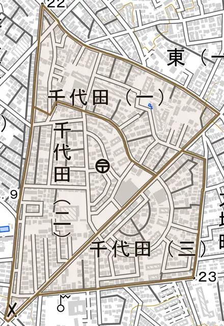 千代田とその周辺の地図。町の範囲を重ねている