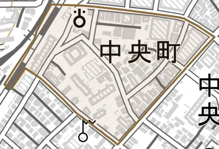 中央町とその周辺の地図。町の範囲を重ねている
