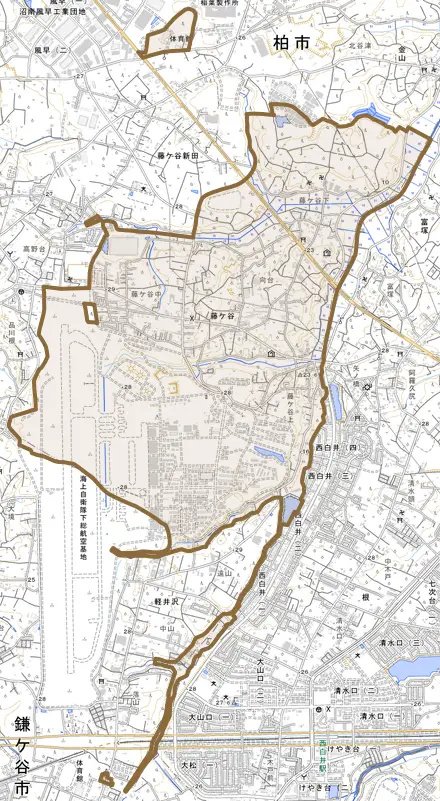 藤ケ谷とその周辺の地図。町の範囲を重ねている