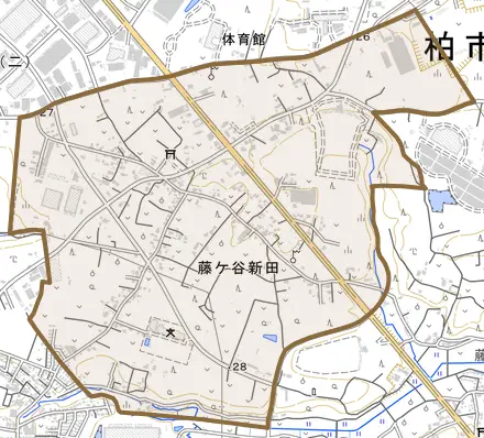 藤ケ谷新田とその周辺の地図。町の範囲を重ねている