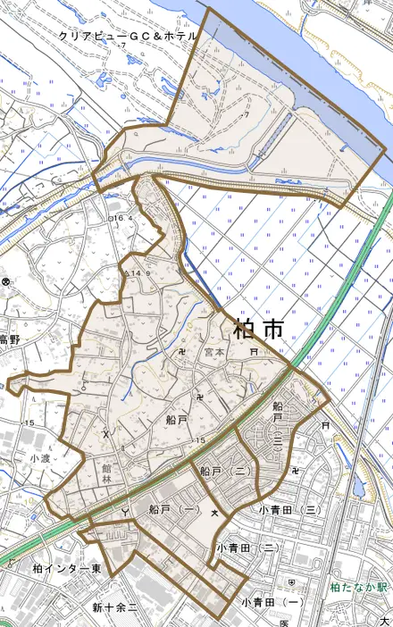 船戸とその周辺の地図。町の範囲を重ねている