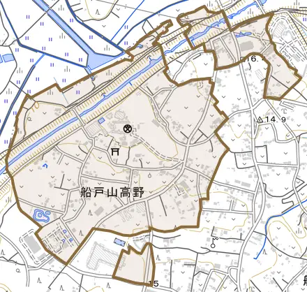 船戸山高野とその周辺の地図。町の範囲を重ねている
