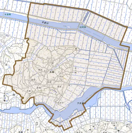 布瀬とその周辺の地図。町の範囲を重ねている