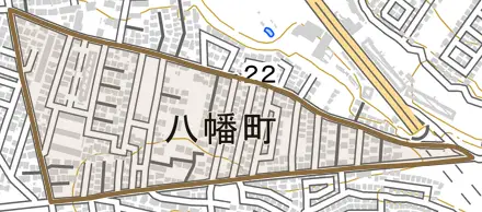 八幡町とその周辺の地図。町の範囲を重ねている