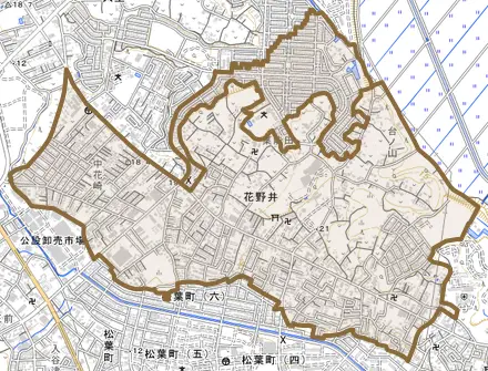 花野井とその周辺の地図。町の範囲を重ねている
