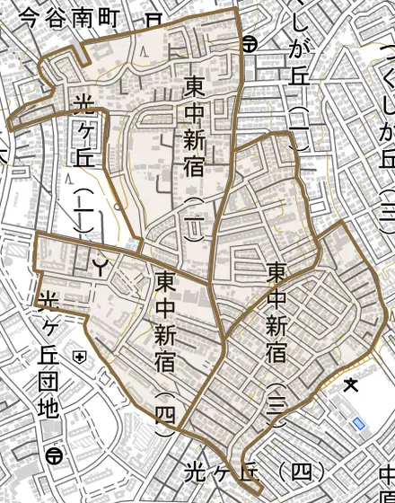 東中新宿とその周辺の地図。町の範囲を重ねている