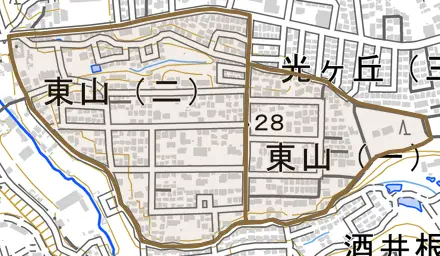 東山とその周辺の地図。町の範囲を重ねている