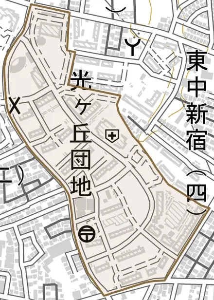 光ケ丘団地とその周辺の地図。町の範囲を重ねている