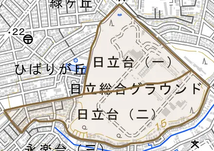 日立台とその周辺の地図。町の範囲を重ねている