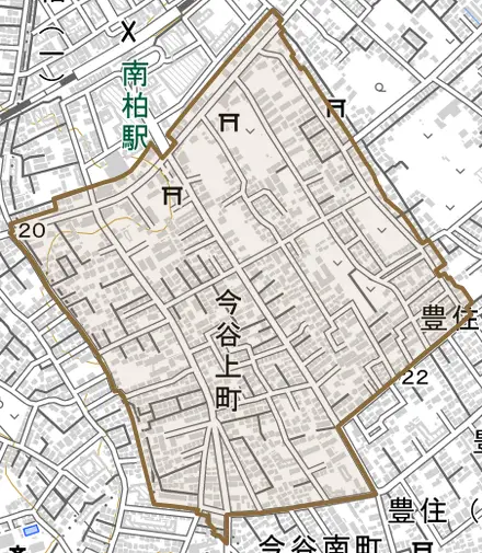 今谷上町とその周辺の地図。町の範囲を重ねている