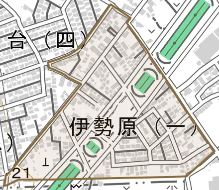 伊勢原とその周辺の地図。町の範囲を重ねている