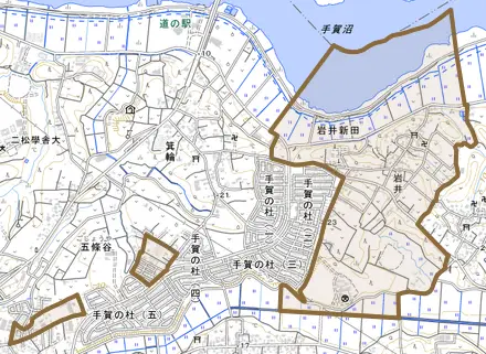 岩井とその周辺の地図。町の範囲を重ねている