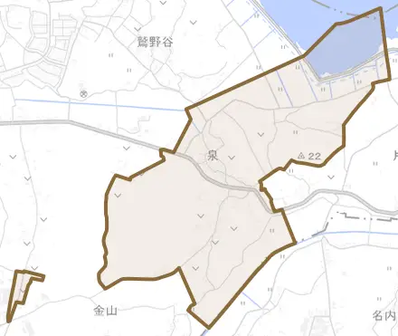 泉とその周辺の地図。町の範囲を重ねている