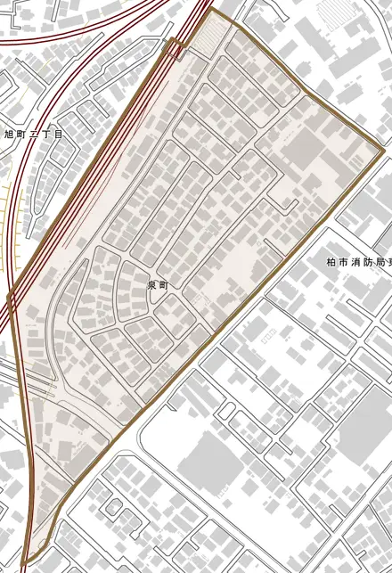泉町とその周辺の地図。町の範囲を重ねている