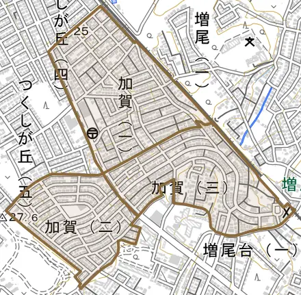 加賀とその周辺の地図。町の範囲を重ねている