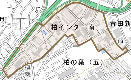 柏インター南とその周辺の地図。町の範囲を重ねている