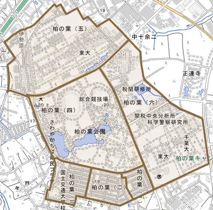 柏の葉とその周辺の地図。町の範囲を重ねている