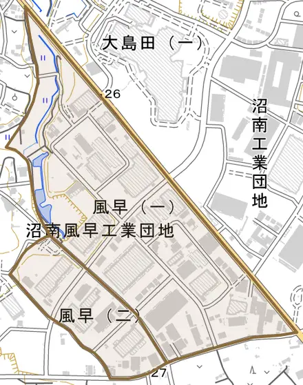 風早とその周辺の地図。町の範囲を重ねている
